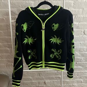 CHOPOVA LOWENA Black and Neon Green Cartoon Knit Hoodie Sz M
